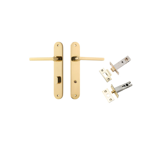 Door Lever Baltimore Oval Privacy Polished Brass CTC85mm H240xW40xP55mm Inbuilt Privacy Kit Tube Latch Split Cam 'T' Striker Polished Brass Backset 60mm, Privacy Bolt Round Bolt Polished Brass Backset 60mm in Polished Brass