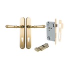 Door Lever Verona Oval Euro Polished Brass CTC85mm H240xW40xP59mm Entrance Kit Mortice Lock Euro Polished Brass CTC85mm Backset 60mm, Euro Cylinder Key Thumb 6 Pin Polished Brass L70mm KA1 in Polished Brass