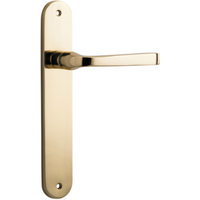Pair of Iver Annecy lever handles on oval backplates, featuring sleek chrome finish and modern design for bathroom or kitchen fixtures