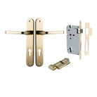 Pair of Iver Annecy lever handles on oval backplates, featuring sleek, modern brass finish and elegant design for stylish doors.