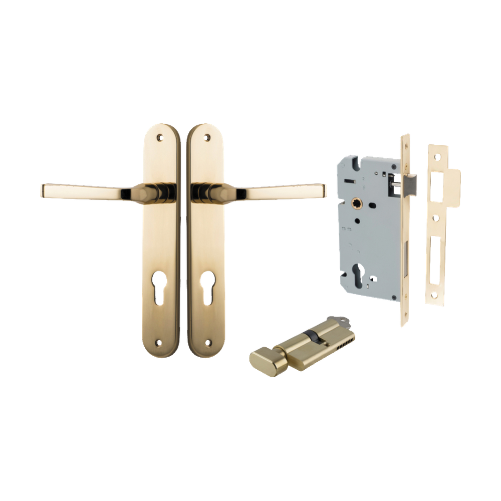 Door Lever Annecy Oval Euro Polished Brass CTC85mm H240xW40xP62mm Entrance Kit Mortice Lock Euro Polished Brass CTC85mm Backset 60mm, Euro Cylinder Key Thumb 6 Pin Polished Brass L70mm KA1 in Polished Brass