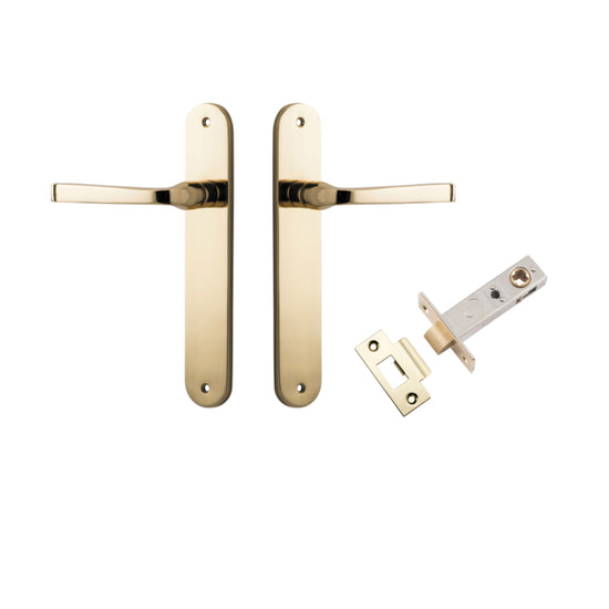 Door Lever Annecy Oval Latch Polished Brass H240xW40xP62mm Passage Kit, Tube Latch Split Cam 'T' Striker Polished Brass Backset 60mm in Polished Brass