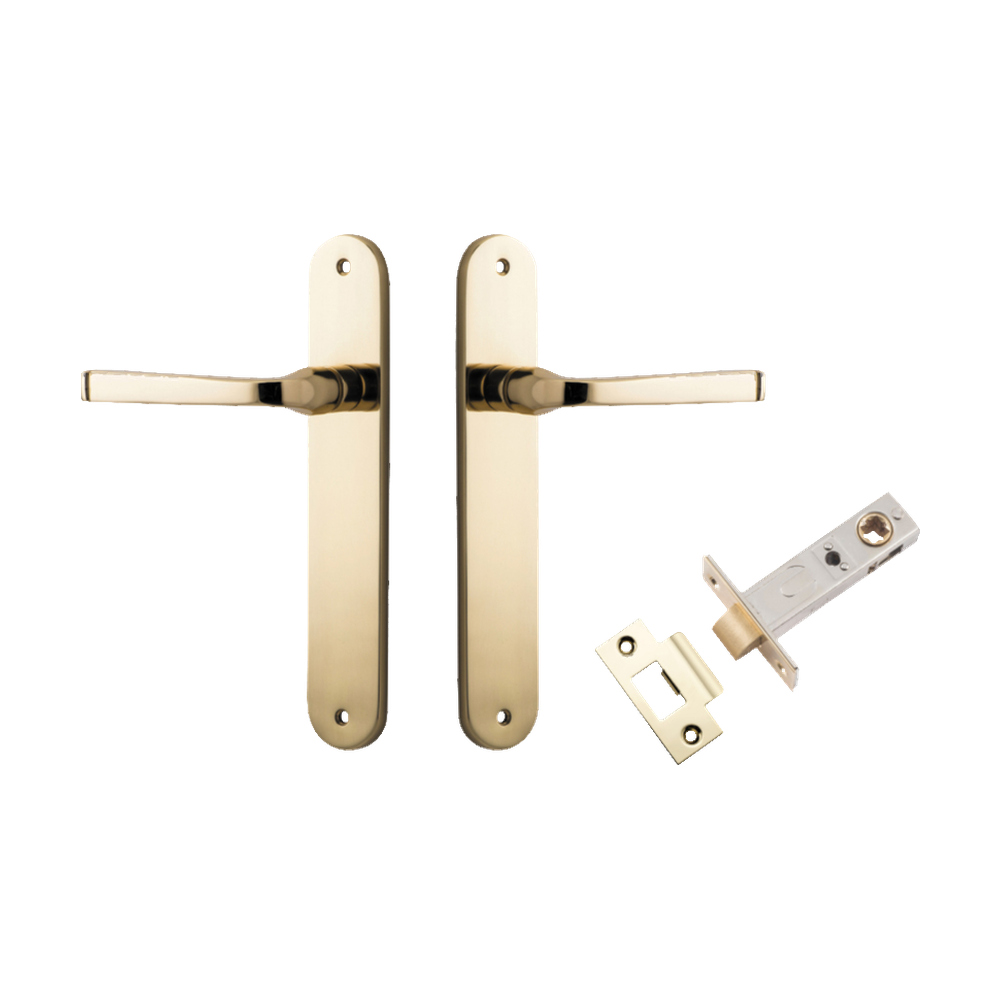 Door Lever Annecy Oval Latch Polished Brass H240xW40xP62mm Passage Kit Tube Latch Split Cam 'T' Striker Polished Brass Backset 60mm in Polished Brass