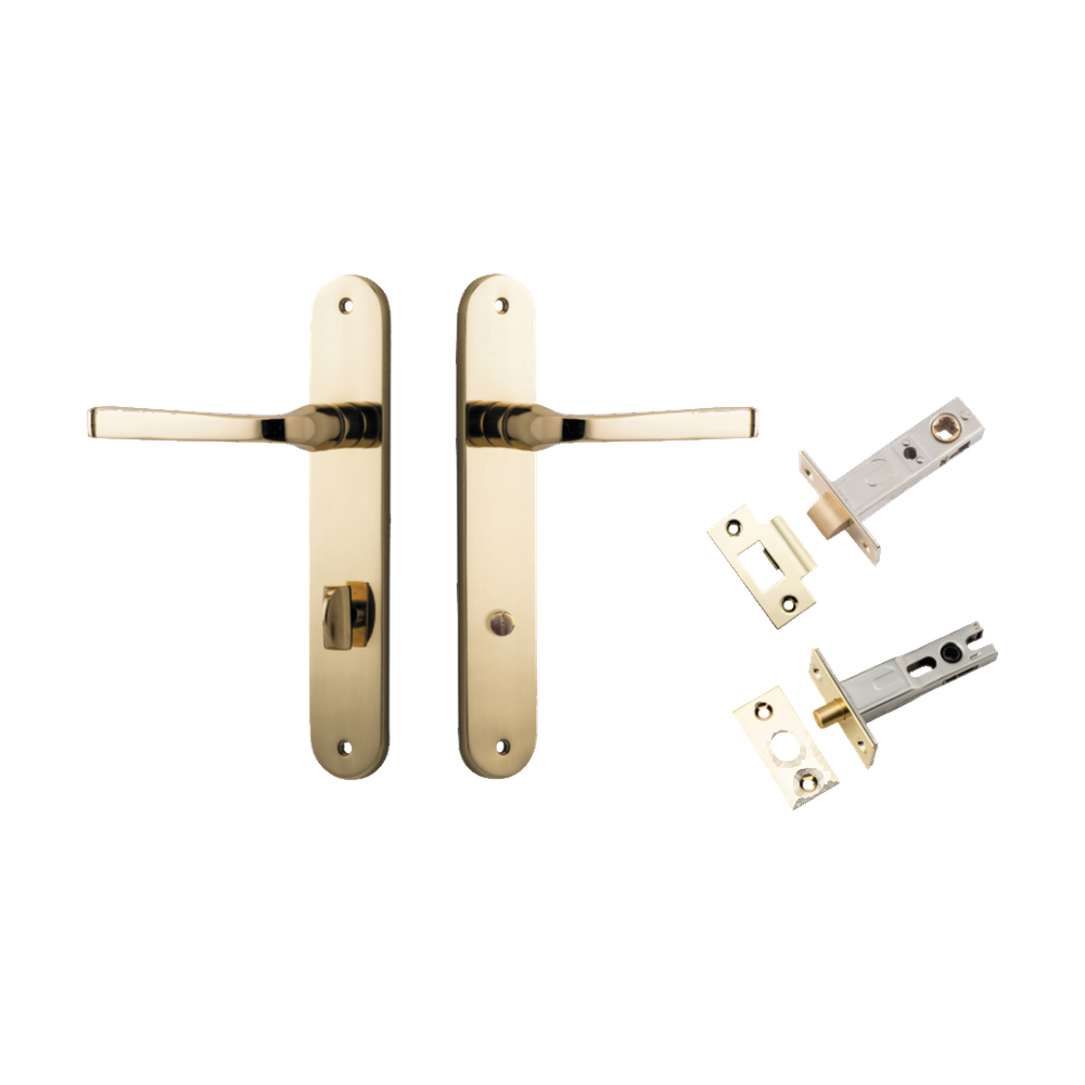 Door Lever Annecy Oval Privacy Polished Brass CTC85mm H240xW40xP62mm Inbuilt Privacy Kit Tube Latch Split Cam 'T' Striker Polished Brass Backset 60mm, Privacy Bolt Round Bolt Polished Brass Backset 60mm in Polished Brass