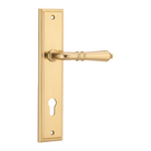 Pair of Iver Sarlat lever door handles with stepped backplate, featuring a sleek, modern design in a polished finish.