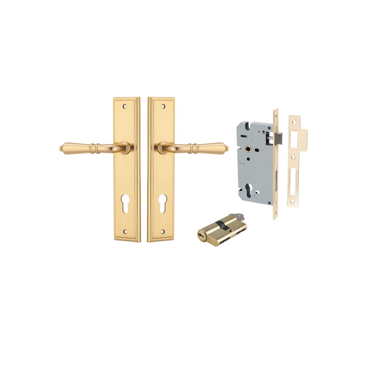Pair of Iver Sarlat lever handles on stepped backplates, featuring elegant brass finish and modern design for interior doors.