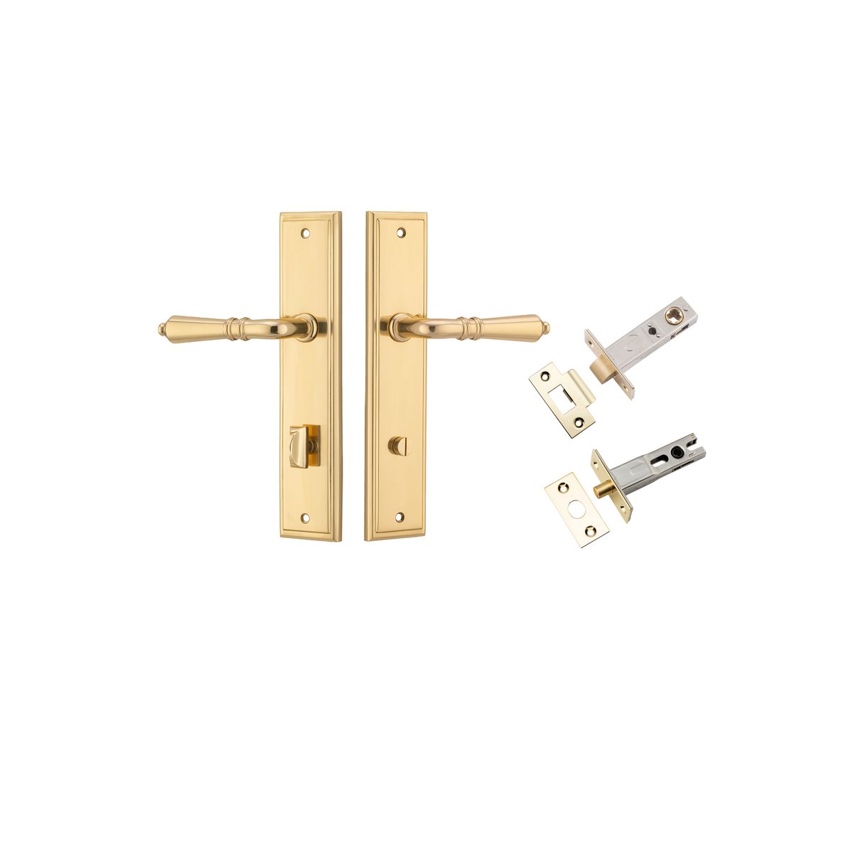 Pair of Iver Sarlat lever handles on stepped backplates, featuring a stylish and modern door hardware design.