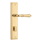 Pair of Iver Sarlat lever handles on stepped backplate, showcasing elegant metal door hardware with a polished finish.