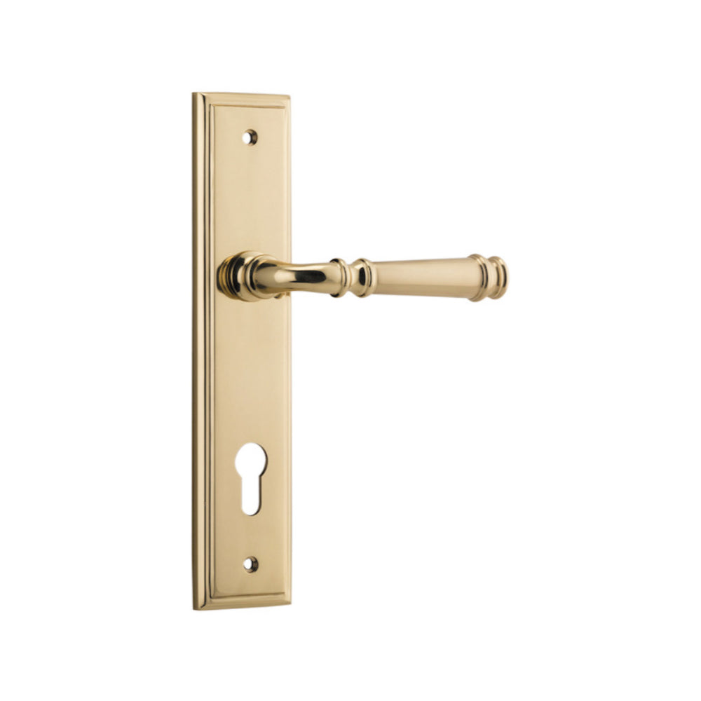 Door Lever Verona Stepped Euro 85 Polished Brass H237xW50xP59mm in Polished Brass