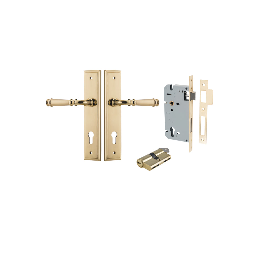 Door Lever Verona Stepped Euro Polished Brass CTC85mm H240xW50xP59mm Entrance Kit Mortice Lock Euro Polished Brass CTC85mm Backset 60mm, Euro Cylinder Dual Function 5 Pin Polished Brass L65mm KA1 in Polished Brass