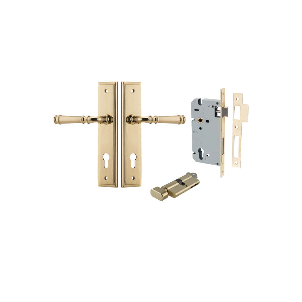 Door Lever Verona Stepped Euro Polished Brass CTC85mm H240xW50xP59mm Entrance Kit Mortice Lock Euro Polished Brass CTC85mm Backset 60mm, Euro Cylinder Key Thumb 6 Pin Polished Brass L70mm KA1 in Polished Brass