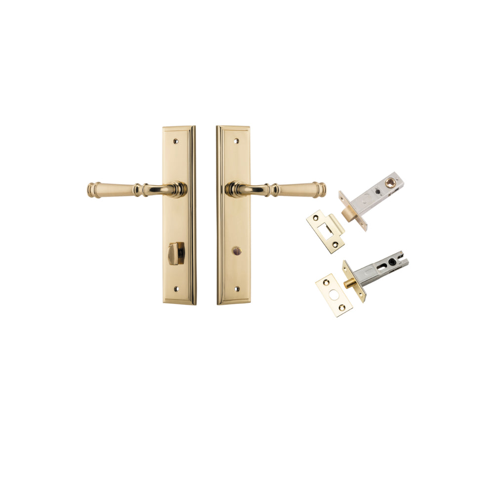 Door Lever Verona Stepped Privacy Polished Brass CTC85mm H240xW50xP59mm Inbuilt Privacy Kit Tube Latch Split Cam 'T' Striker Polished Brass Backset 60mm, Privacy Bolt Round Bolt Polished Brass Backset 60mm in Polished Brass