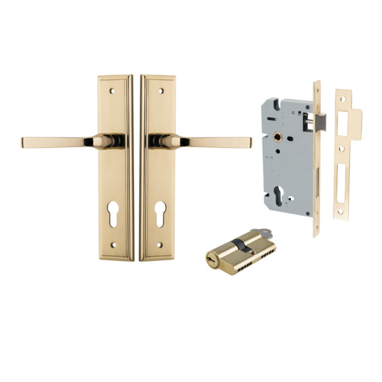 Door Lever Annecy Stepped Euro Polished Brass CTC85mm H240xW50xP65mm Entrance Kit, Mortice Lock Euro Polished Brass CTC85mm Backset 60mm, Euro Cylinder Dual Function 5 Pin Polished Brass L65mm KA1 in Polished Brass