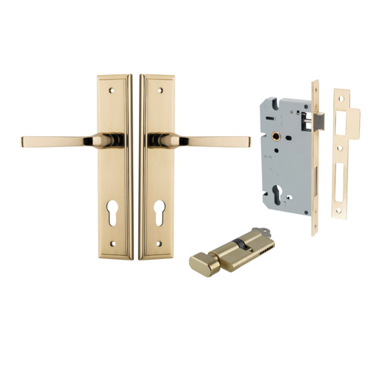 Door Lever Annecy Stepped Euro Polished Brass CTC85mm H240xW50xP65mm Entrance Kit, Mortice Lock Euro Polished Brass CTC85mm Backset 60mm, Euro Cylinder Key Thumb 6 Pin Polished Brass L70mm KA1 in Polished Brass