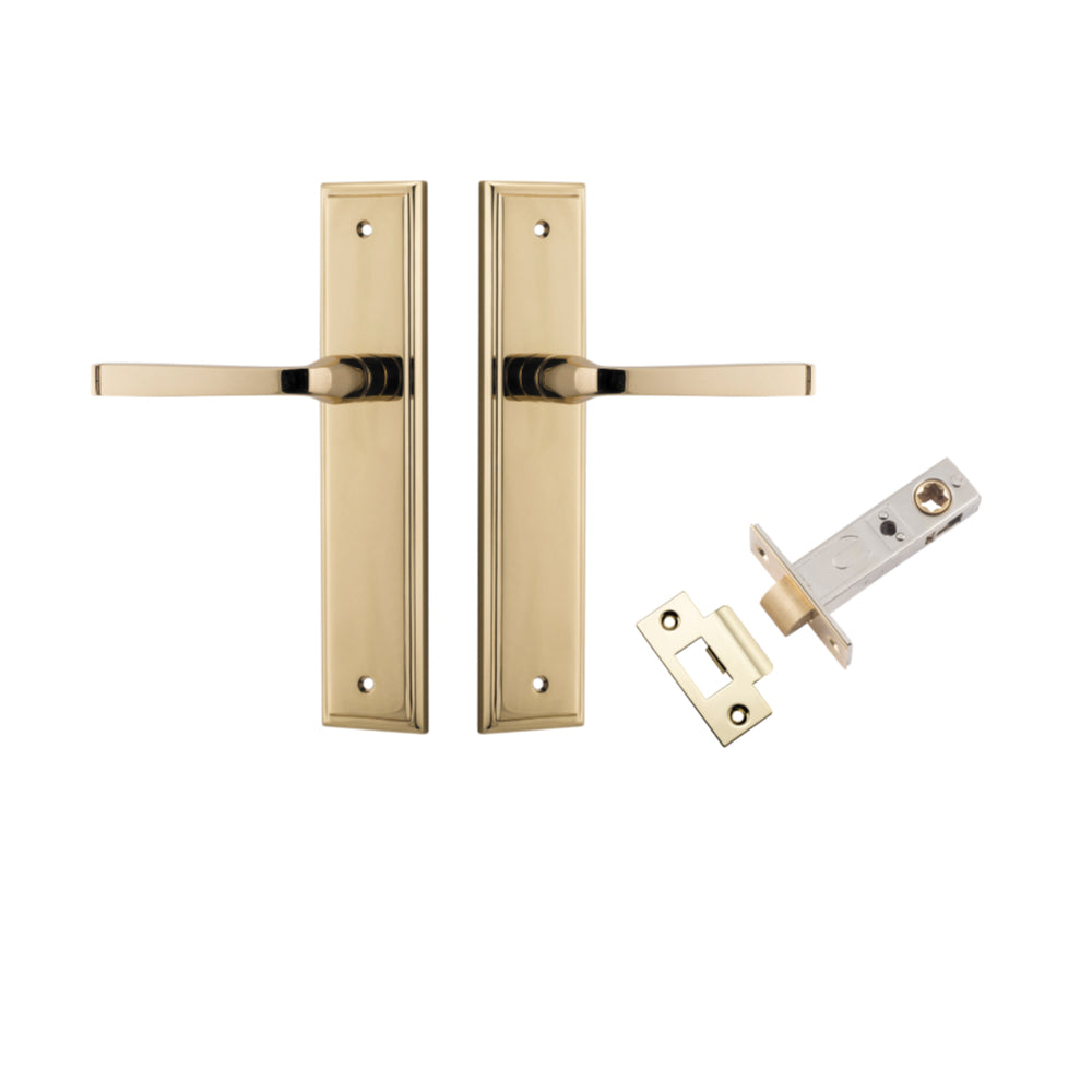 Door Lever Annecy Stepped Latch Polished Brass H240xW50xP65mm Passage Kit, Tube Latch Split Cam 'T' Striker Polished Brass Backset 60mm in Polished Brass