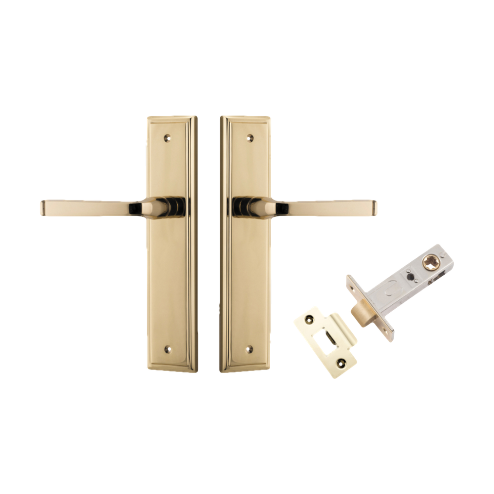 Door Lever Annecy Stepped Latch Polished Brass H240xW50xP65mm Passage Kit Tube Latch Split Cam 'T' Striker Polished Brass Backset 60mm in Polished Brass