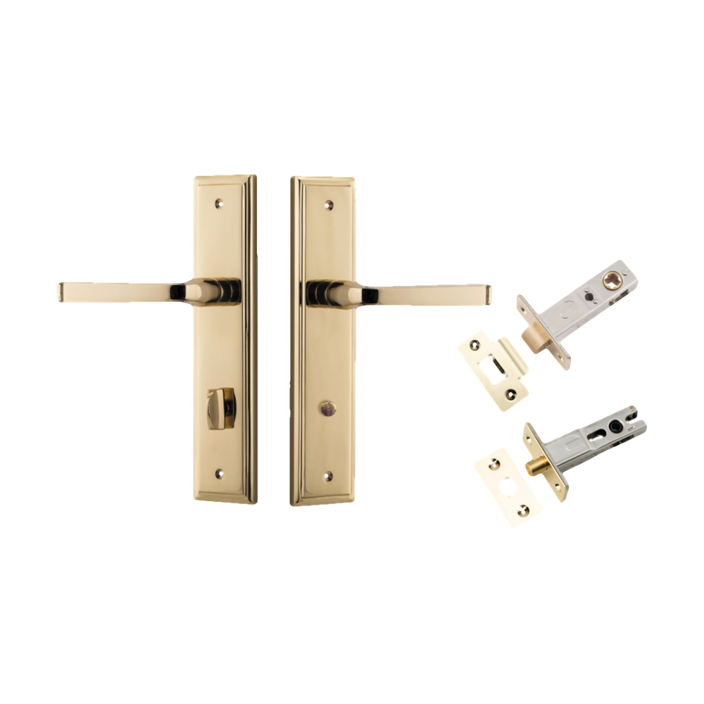 Door Lever Annecy Stepped Privacy Polished Brass CTC85mm H240xW50xP65mm Inbuilt Privacy Kit Tube Latch Split Cam 'T' Striker Polished Brass Backset 60mm, Privacy Bolt Round Bolt Polished Brass Backset 60mm in Polished Brass