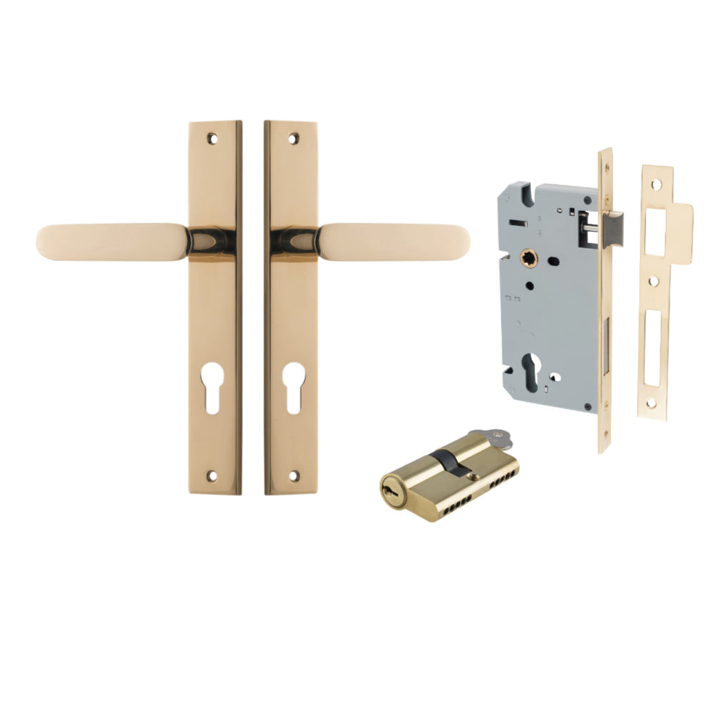 Door Lever Bronte Rectangular Euro Pair Polished Brass CTC85mm L117xP53mm BPH240xW38mm, Mortice Lock Euro Polished Brass CTC85mm Backset 60mm, Euro Cylinder Dual Function 5 Pin Polished Brass 65mm KA4 in Polished Brass