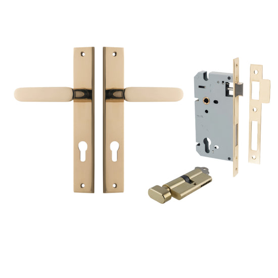 Door Lever Bronte Rectangular Euro Pair Polished Brass CTC85mm L117xP53mm BPH240xW38mm, Mortice Lock Euro Polished Brass CTC85mm Backset 60mm, Euro Cylinder Key Thumb 5 Pin Polished Brass 65mm KA4 in Polished Brass