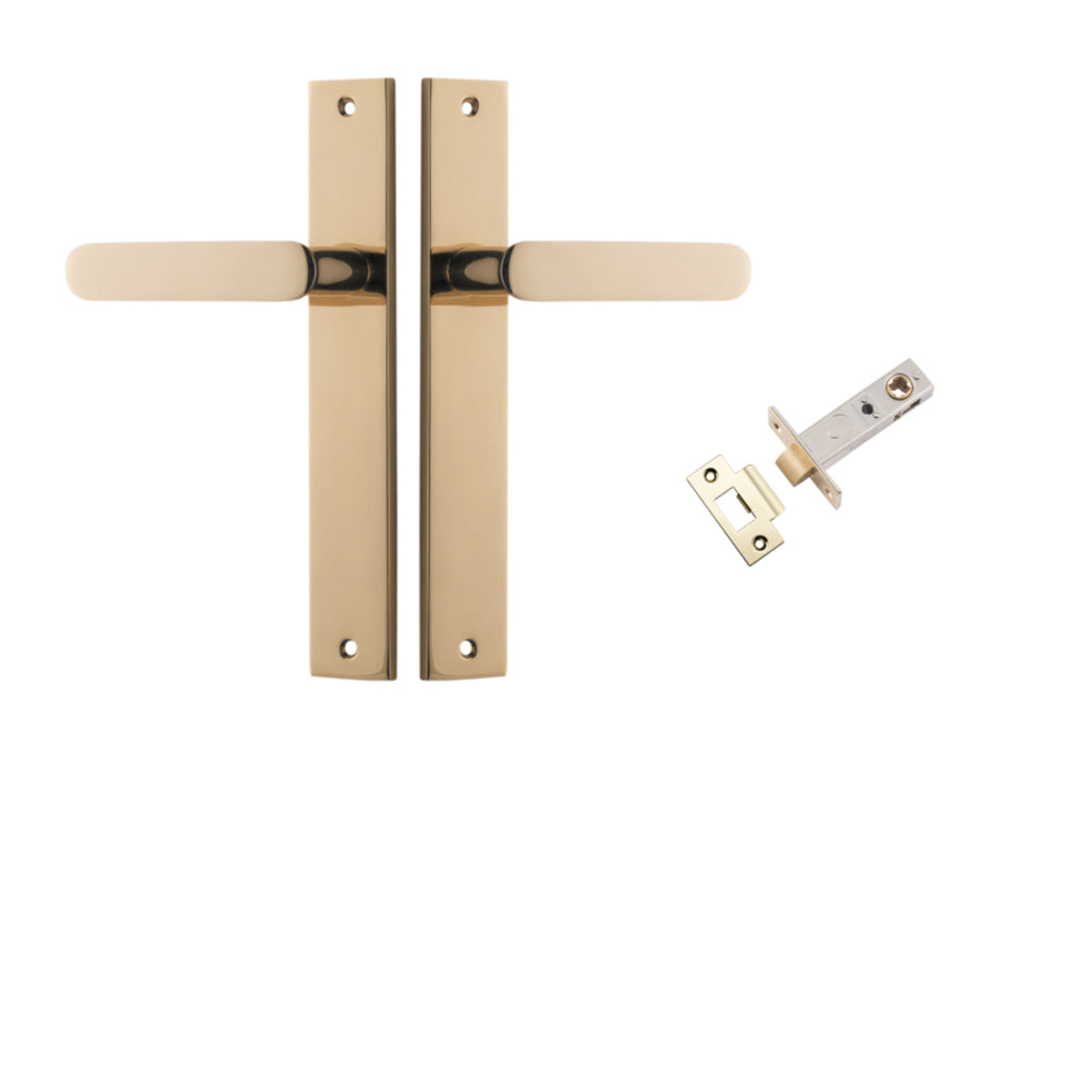 Door Lever Bronte on Long Backplate Polished Brass L117xP53mm BPH240xW38mm Passage Kit, Tube Latch Split Cam 'T' Striker Polished Brass Backset 60mm in Polished Brass