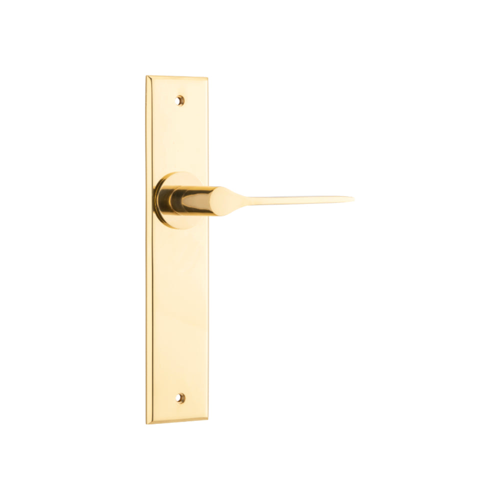 Door Lever Como Chamfered Latch Polished Brass H240xW50xP61mm in Polished Brass