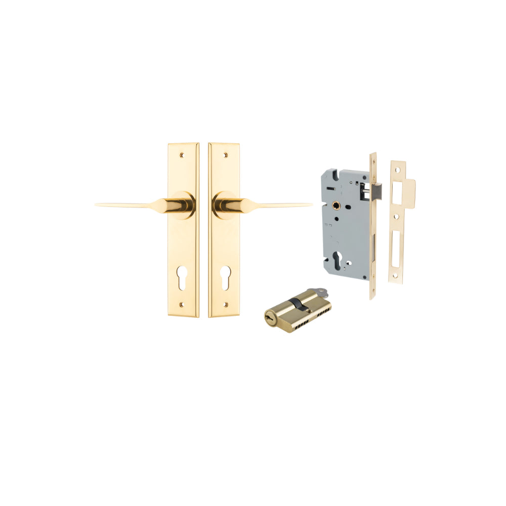 Door Lever Como Chamfered Euro Pair Polished Brass CTC85mm L119xP61mm BPH240xW50mm Mortice Lock Euro Polished Brass CTC85mm Backset 60mm, Euro Cylinder Dual Function 5 Pin Polished Brass 65mm KA4 in Polished Brass