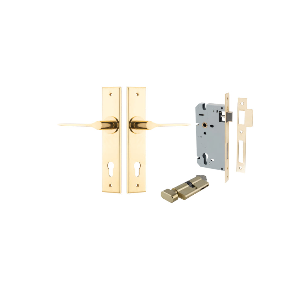 Door Lever Como Chamfered Euro Pair Polished Brass CTC85mm L119xP61mm BPH240xW50mm Mortice Lock Euro Polished Brass CTC85mm Backset 60mm, Euro Cylinder Key Thumb 5 Pin Polished Brass 65mm KA4 in Polished Brass