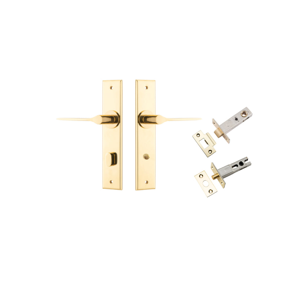 Door Lever Como Chamfered Privacy Polished Brass CTC85mm L119xP61mm BPH240xW50mm Privacy Kit Tube Latch Split Cam 'T' Striker Polished Brass Backset 60mm, Privacy Bolt Round Bolt Polished Brass Backset 60mm in Polished Brass