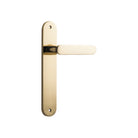 Pair of Iver Bronte lever handles on oval backplate, showcasing elegant brass door hardware with a polished finish.