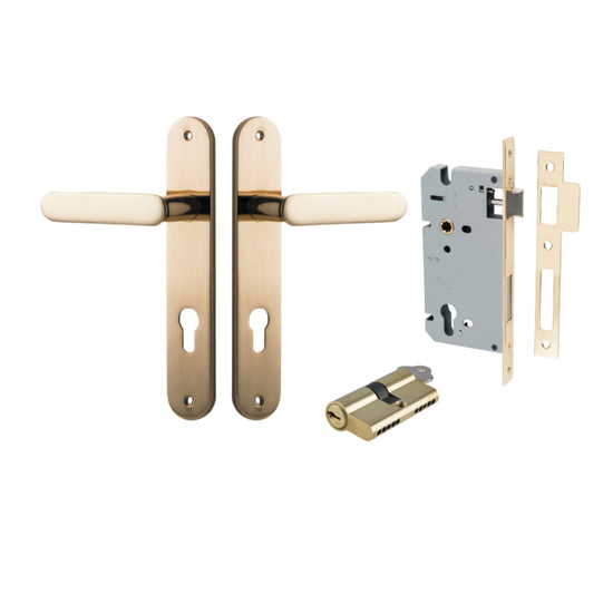 Door Lever Bronte Oval Euro Pair Polished Brass CTC85mm L117xP53mm BPH240xW40mm, Mortice Lock Euro Polished Brass CTC85mm Backset 60mm, Euro Cylinder Dual Function 5 Pin Polished Brass 65mm KA4 in Polished Brass