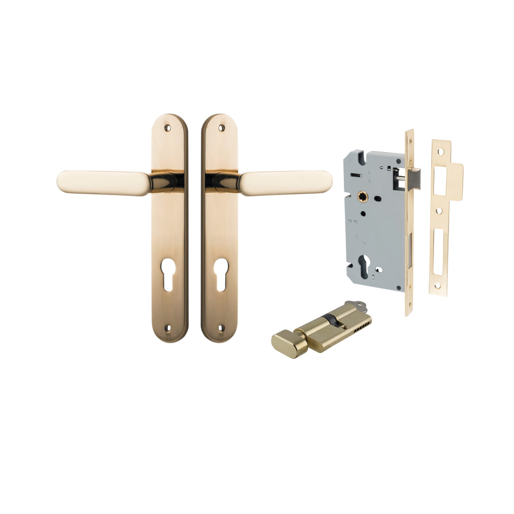 Door Lever Bronte Oval Euro Pair Polished Brass CTC85mm L117xP53mm BPH240xW40mm, Mortice Lock Euro Polished Brass CTC85mm Backset 60mm, Euro Cylinder Key Thumb 5 Pin Polished Brass 65mm KA4 in Polished Brass