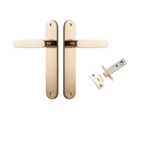 Door Lever Bronte Oval Polished Brass L117xP53mm BPH240xW40mm Passage Kit, Tube Latch Split Cam 'T' Striker Polished Brass Backset 60mm in Polished Brass