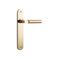 Pair of Iver Berlin lever door handles with oval backplates, featuring a sleek, modern design, shown on a light background.