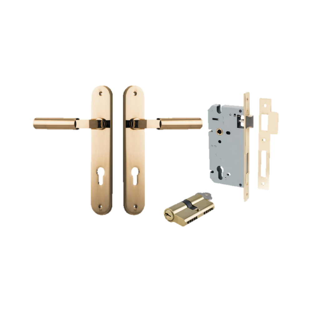 Door Lever Berlin Oval Euro Pair Polished Brass CTC85mm L120xP57mm BPH240xW40mm Mortice Lock Euro Polished Brass CTC85mm Backset 60mm, Euro Cylinder Dual Function 5 Pin Polished Brass 65mm KA4 in Polished Brass