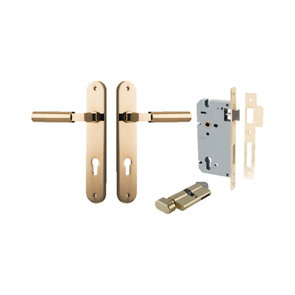 Door Lever Berlin Oval Euro Pair Polished Brass CTC85mm L120xP57mm BPH240xW40mm Mortice Lock Euro Polished Brass CTC85mm Backset 60mm, Euro Cylinder Key Thumb 5 Pin Polished Brass 65mm KA4 in Polished Brass