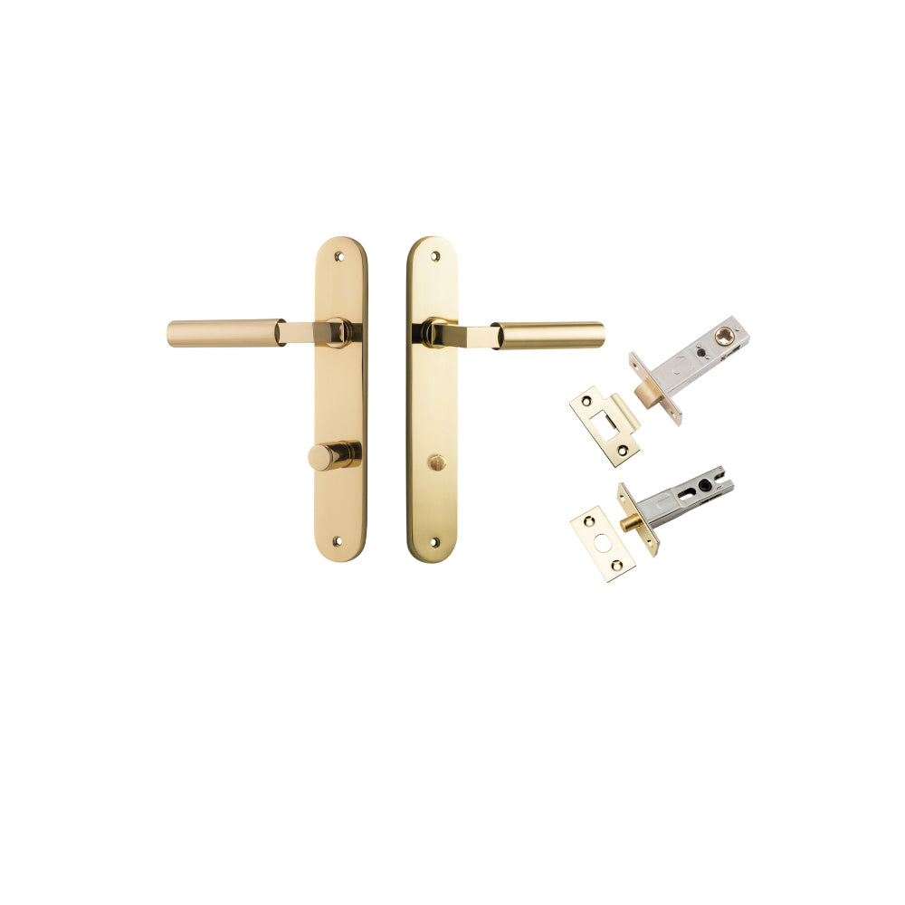 Door Lever Berlin Oval Privacy Polished Brass CTC85mm L120xP57mm BPH240xW40mm Privacy Kit Tube Latch Split Cam 'T' Striker Polished Brass Backset 60mm, Privacy Bolt Round Bolt Polished Brass Backset 60mm in Polished Brass