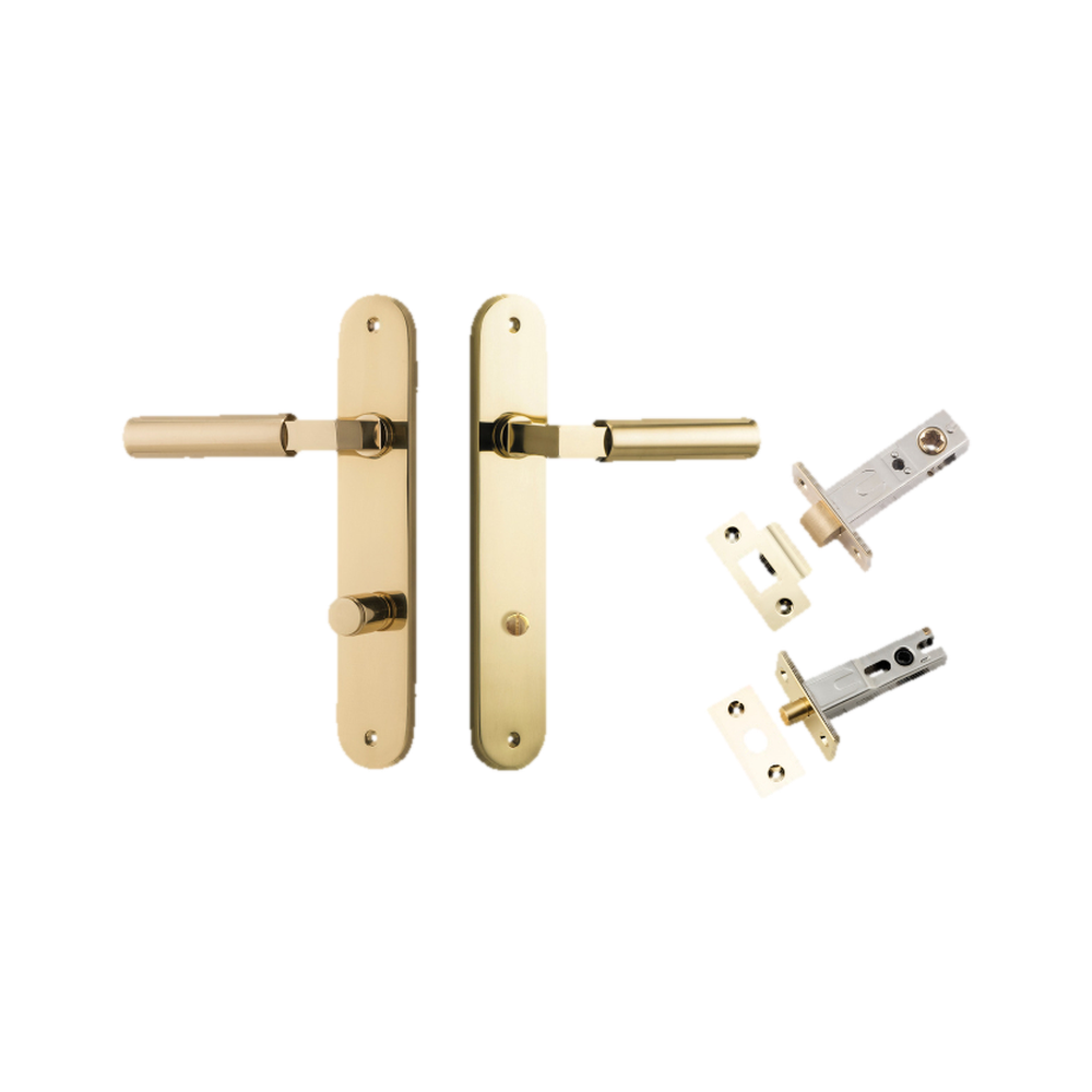 Door Lever Berlin Oval Privacy Polished Brass CTC85mm L120xP57mm BPH240xW40mm Privacy Kit Tube Latch Split Cam 'T' Striker Polished Brass Backset 60mm, Privacy Bolt Round Bolt Polished Brass Backset 60mm in Polished Brass