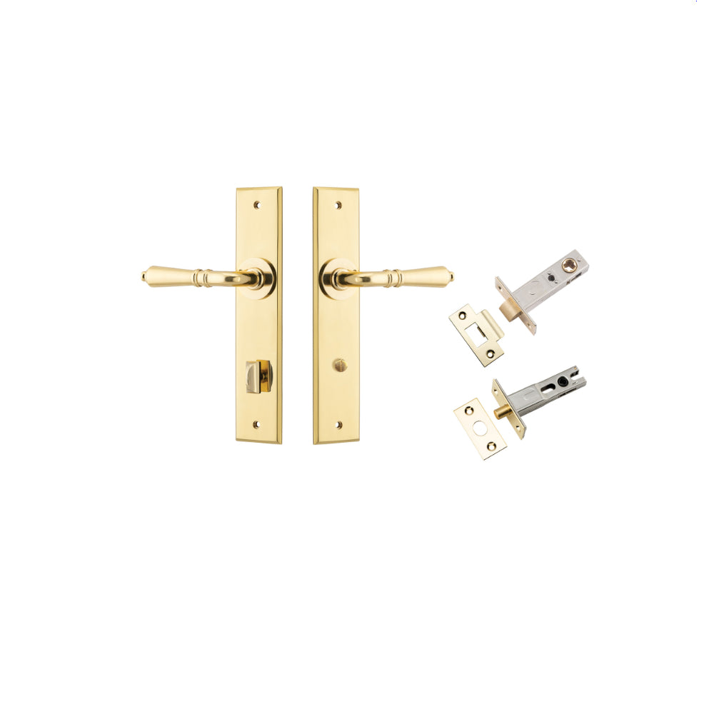 Door Lever Sarlat Chamfered Privacy Polished Brass CTC85mm L111xP55mm BPH240xW50mm Privacy Kit Tube Latch Split Cam 'T' Striker Polished Brass Backset 60mm, Privacy Bolt Round Bolt Polished Brass Backset 60mm in Polished Brass
