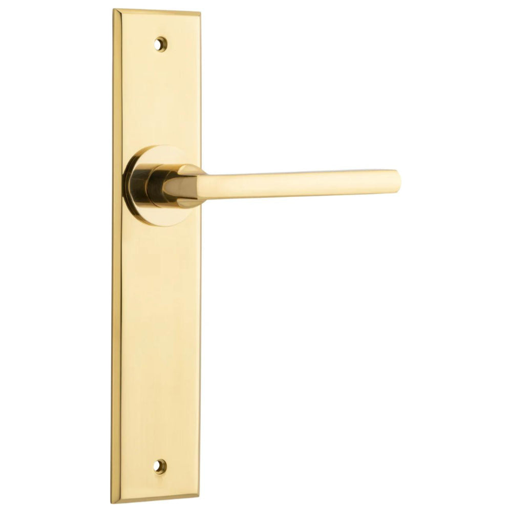 Pair of Iver Baltimore lever handles on chamfered backplates, showing a sleek, modern door hardware design in a close-up view.