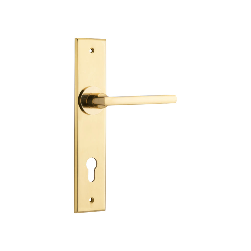 Pair of Iver Baltimore lever door handles with chamfered backplates, featuring a sleek, modern design for interior doors.