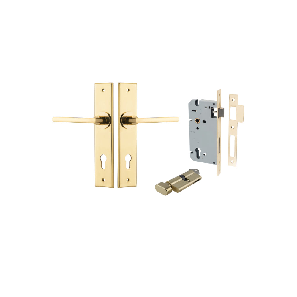 Pair of Iver Baltimore lever door handles on chamfered backplates, featuring a sleek, modern design in a polished finish.