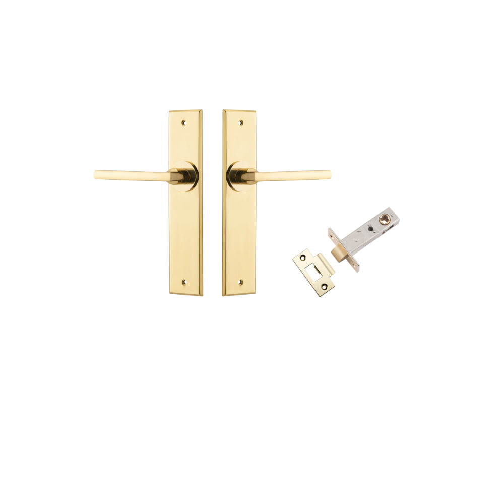 Pair of Iver Baltimore lever door handles on chamfered backplates, featuring a sleek, modern design in a polished finish.