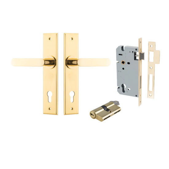 Door Lever Bronte Chamfered Euro Pair Polished Brass CTC85mm L117xP55mm BPH240xW50mm, Mortice Lock Euro Polished Brass CTC85mm Backset 60mm, Euro Cylinder Dual Function 5 Pin Polished Brass 65mm KA4 in Polished Brass