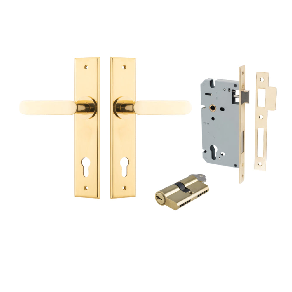 Door Lever Bronte Chamfered Euro Pair Polished Brass CTC85mm L117xP55mm BPH240xW50mm Mortice Lock Euro Polished Brass CTC85mm Backset 60mm, Euro Cylinder Dual Function 5 Pin Polished Brass 65mm KA4 in Polished Brass