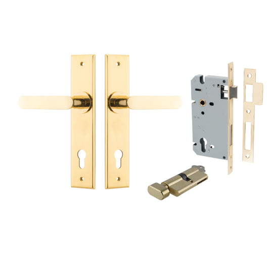 Door Lever Bronte Chamfered Euro Pair Polished Brass CTC85mm L117xP55mm BPH240xW50mm, Mortice Lock Euro Polished Brass CTC85mm Backset 60mm, Euro Cylinder Key Thumb 5 Pin Polished Brass 65mm KA4 in Polished Brass