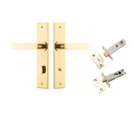 Door Lever Bronte  Chamfered Privacy Polished Brass CTC85mm L117xP55mm BPH240xW50mm Privacy Kit, Tube Latch Split Cam 'T' Striker Polished Brass Backset 60mm, Privacy Bolt Round Bolt Polished Brass Backset 60mm in Polished Brass