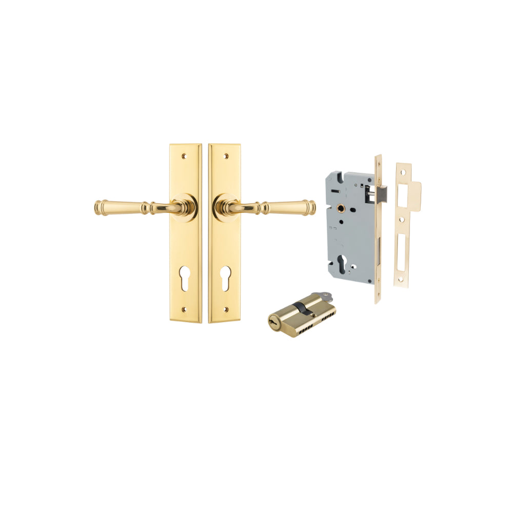 Door Lever Verona Chamfered Euro Pair Polished Brass CTC85mm L122xP58mm BPH240xW50mm Mortice Lock Euro Polished Brass CTC85mm Backset 60mm, Euro Cylinder Dual Function 5 Pin Polished Brass 65mm KA4 in Polished Brass