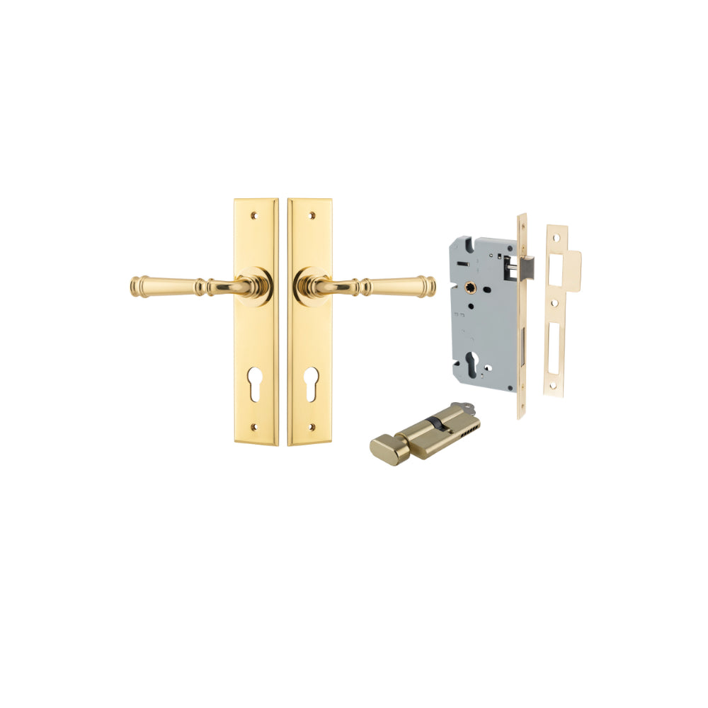 Door Lever Verona Chamfered Euro Pair Polished Brass CTC85mm L122xP58mm BPH240xW50mm Mortice Lock Euro Polished Brass CTC85mm Backset 60mm, Euro Cylinder Key Thumb 5 Pin Polished Brass 65mm KA4 in Polished Brass
