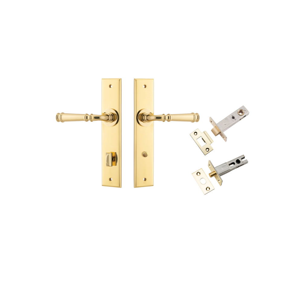 Door Lever Verona Chamfered Privacy Polished Brass CTC85mm L122xP58mm BPH240xW50mm Privacy Kit Tube Latch Split Cam 'T' Striker Polished Brass Backset 60mm, Privacy Bolt Round Bolt Polished Brass Backset 60mm in Polished Brass