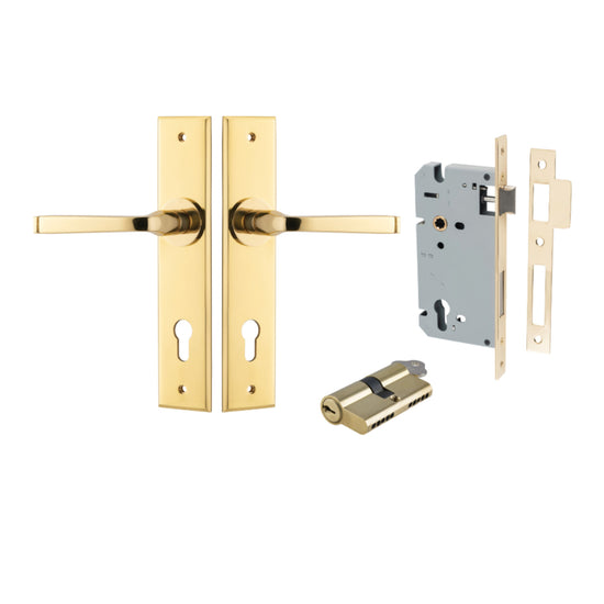 Door Lever Annecy Chamfered Euro Pair Polished Brass CTC85mm L117xP65mm BPH240xW50mm, Mortice Lock Euro Polished Brass CTC85mm Backset 60mm, Euro Cylinder Dual Function 5 Pin Polished Brass 65mm KA4 in Polished Brass